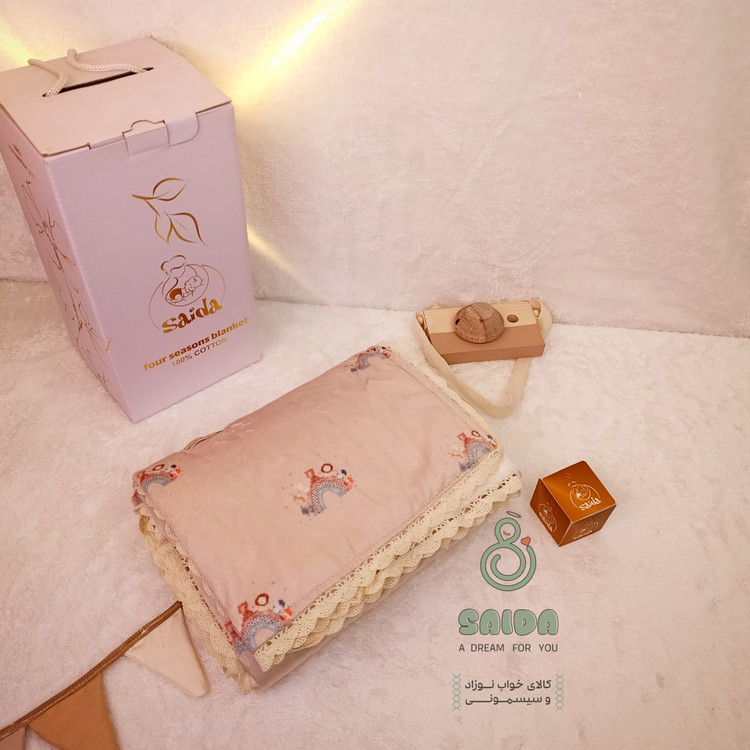 پتو رو انداز نوزاد طرح خرس و رنگین کمان